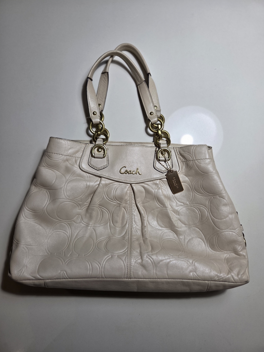Coach Cream Embossed Leather Tote with Gold Hardware